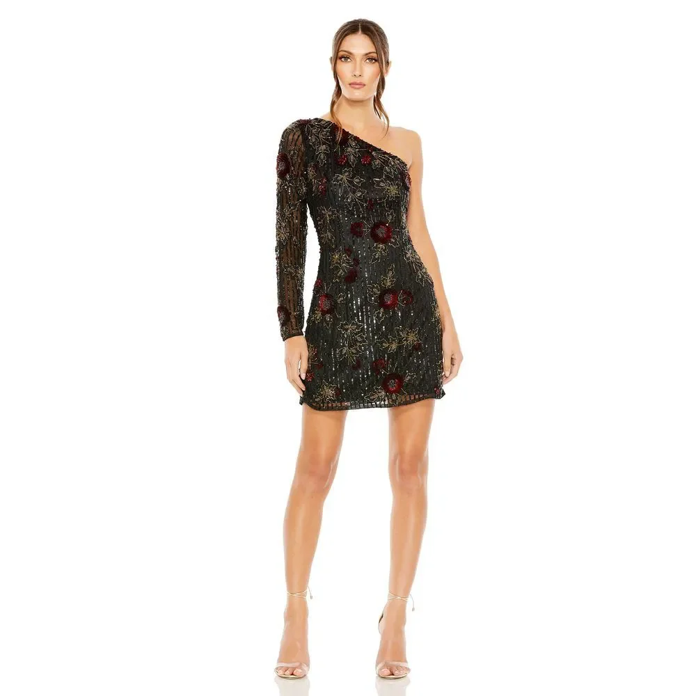 Mac Duggal NEW Black One Shoulder Floral Leaf Embellished Mini Dress $558 Size 6